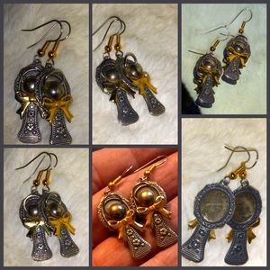 Rare Silver Tiny Spoon Angel Drop Earrings with Gold Plates Bows